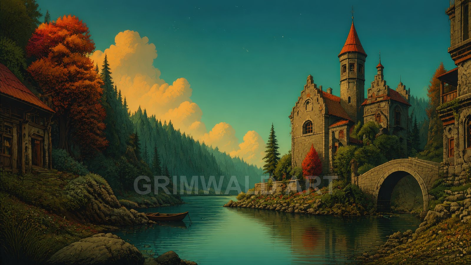 Stone castle with red roofs beside a calm river and stone bridge, framed by pine forest and autumn trees under golden evening clouds.