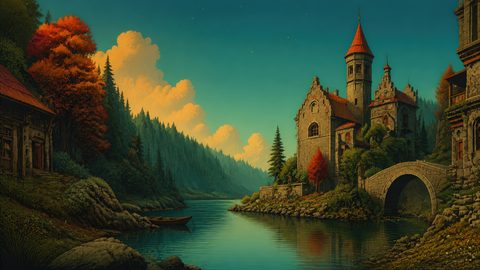 GRID THUMBNAIL — Stone castle with red roofs beside a calm river and stone bridge, framed by pine forest and autumn trees under golden evening clouds.