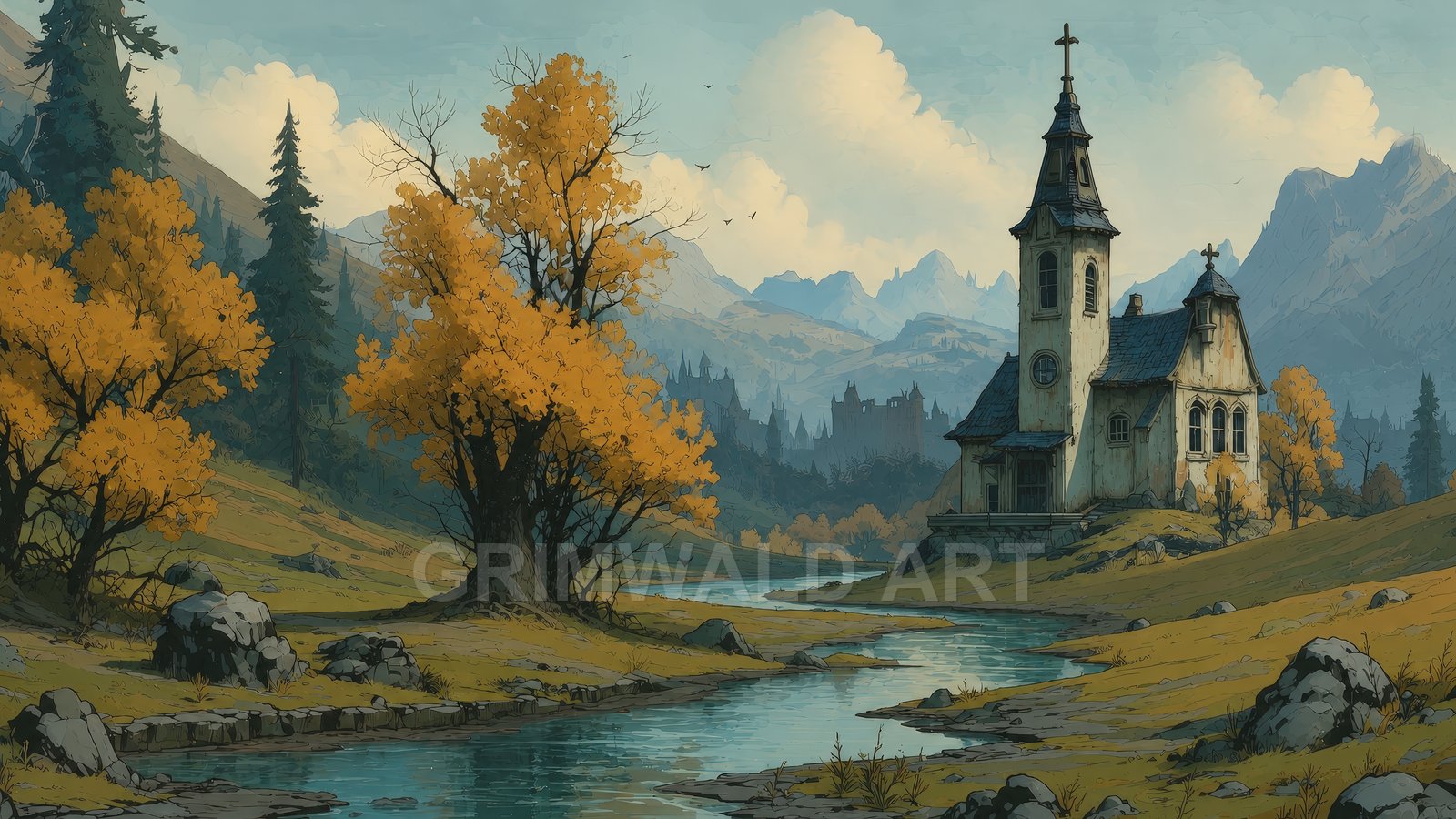 Autumn valley with a winding river, golden trees, and a weathered chapel with a cross, set beneath distant misty mountains and castles.