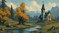 GRID THUMBNAIL — Autumn valley with a winding river, golden trees, and a weathered chapel with a cross, set beneath distant misty mountains and castles.