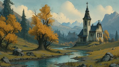 GRID THUMBNAIL — Autumn valley with a winding river, golden trees, and a weathered chapel with a cross, set beneath distant misty mountains and castles.