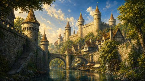 GRID THUMBNAIL — Sunlit medieval castle with turrets above a riverside village, arched stone bridge, boats, waterwheel, and lush trees under a warm sky.