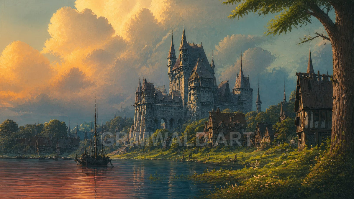 A grand stone castle with soaring spires overlooks a riverside village at golden hour, calm water reflecting warm clouds and a moored sailing boat.