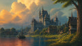 GRID THUMBNAIL — A grand stone castle with soaring spires overlooks a riverside village at golden hour, calm water reflecting warm clouds and a moored sailing boat.