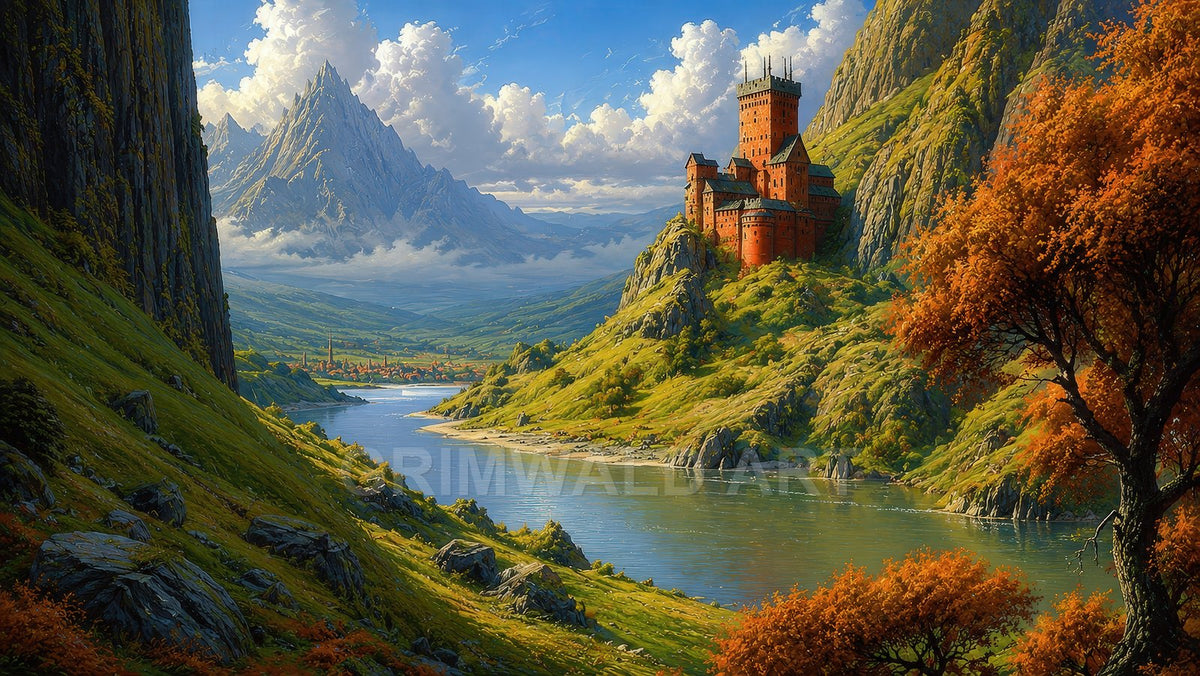 Sunlit red castle perched on a rocky hill above a winding river, autumn trees, green valleys and distant jagged mountains under blue sky with clouds.