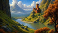 GRID THUMBNAIL — Sunlit red castle perched on a rocky hill above a winding river, autumn trees, green valleys and distant jagged mountains under blue sky with clouds.