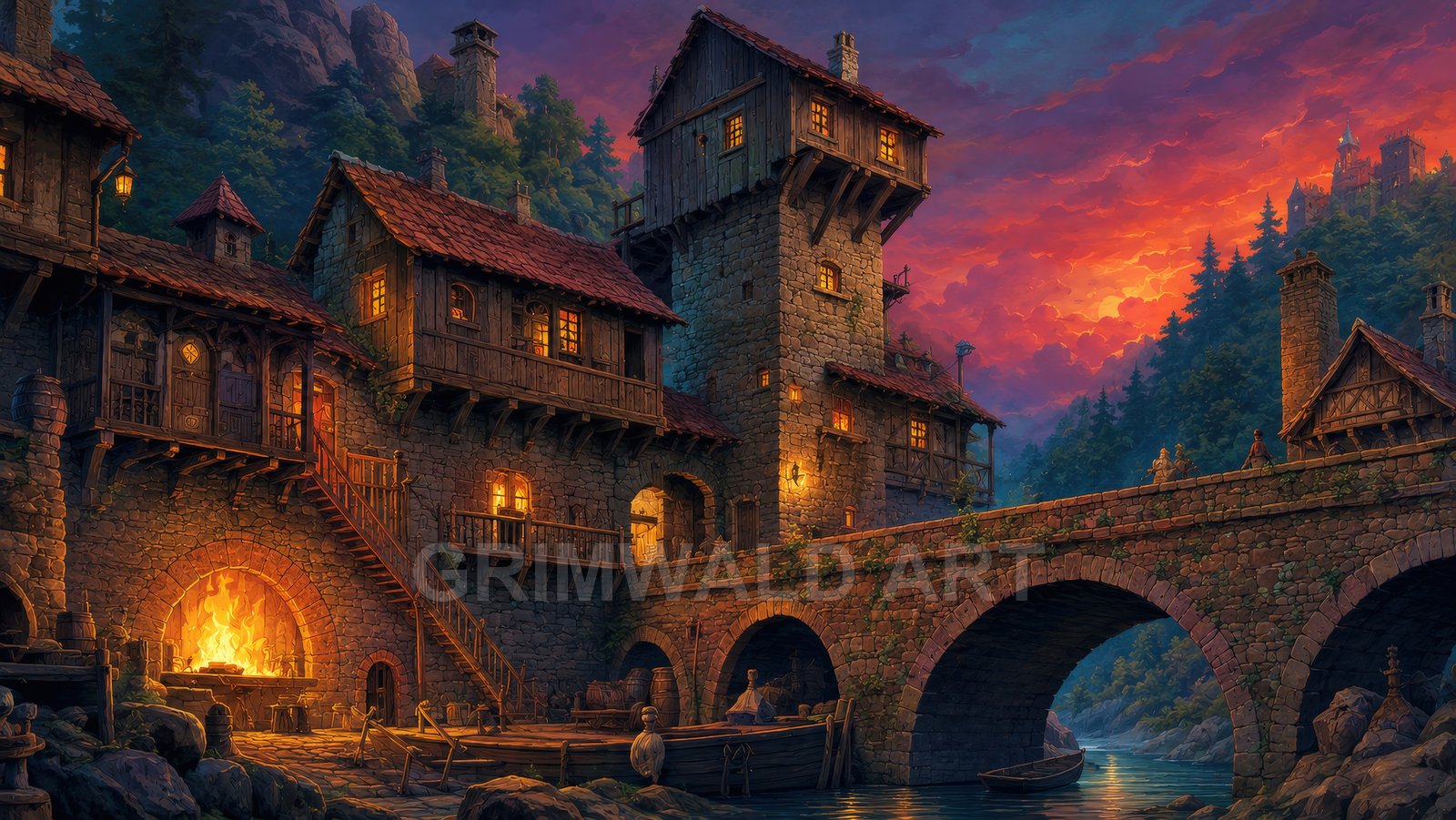 Medieval stone bridge and riverside village at sunset, warm lamplight glowing from windows and a blazing forge, forested mountains and distant castle.