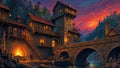 GRID THUMBNAIL — Medieval stone bridge and riverside village at sunset, warm lamplight glowing from windows and a blazing forge, forested mountains and distant castle.