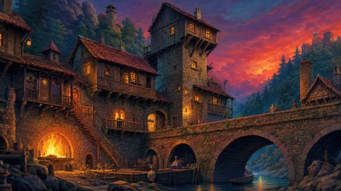 GRID THUMBNAIL — Medieval stone bridge and riverside village at sunset, warm lamplight glowing from windows and a blazing forge, forested mountains and distant castle.