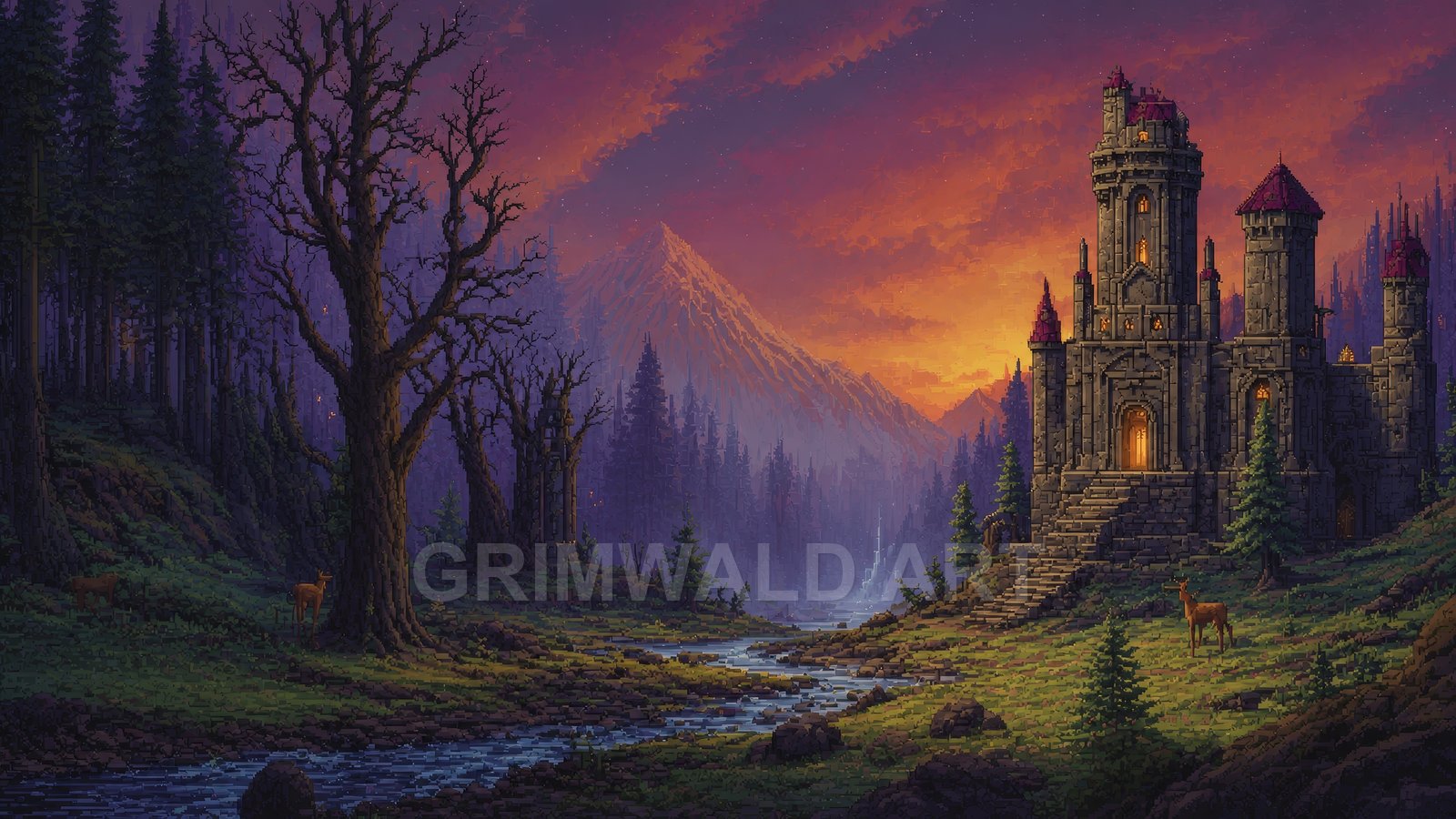 Pixel art fantasy landscape of a lit stone castle by a winding river, pine forest and distant mountain beneath a glowing sunset sky.