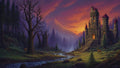 GRID THUMBNAIL — Pixel art fantasy landscape of a lit stone castle by a winding river, pine forest and distant mountain beneath a glowing sunset sky.