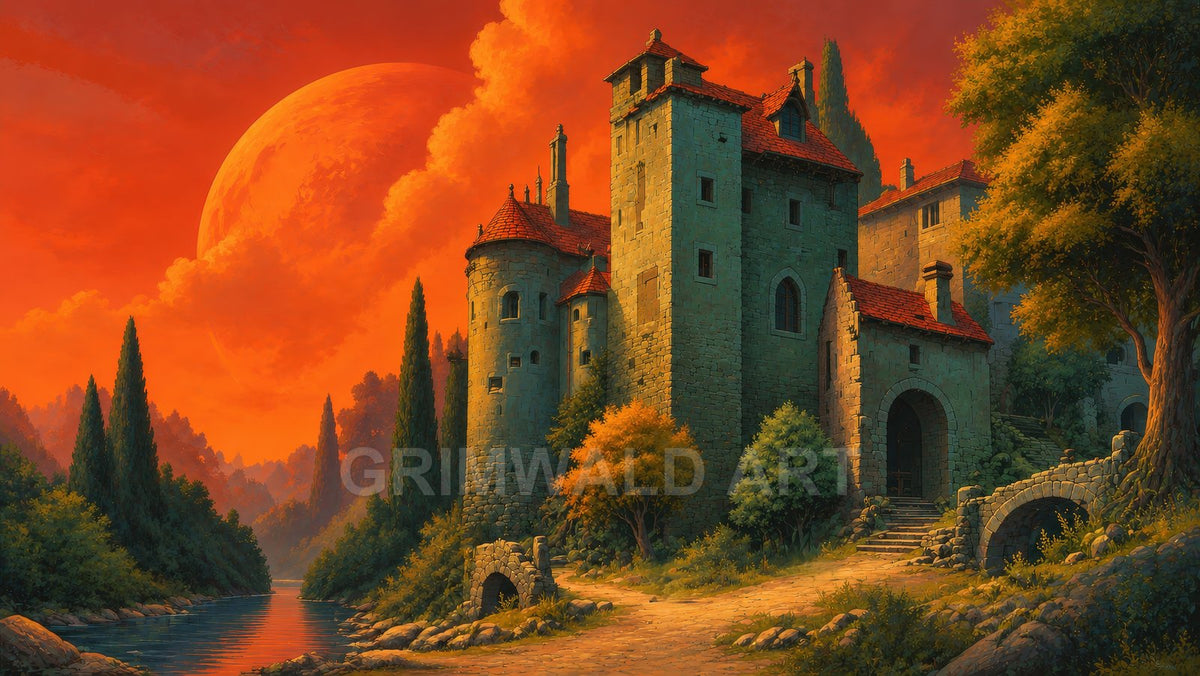 A riverside stone castle with red roofs and arched bridge under a colossal red moon, cypress trees and orange sunset sky.