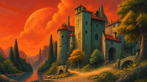 GRID THUMBNAIL — A riverside stone castle with red roofs and arched bridge under a colossal red moon, cypress trees and orange sunset sky.