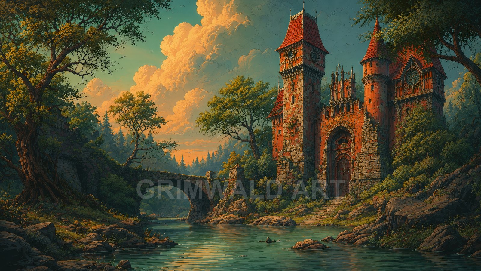 A red-roofed stone castle beside a river, arched bridge and forested banks under towering golden clouds in warm evening light.