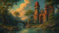 GRID THUMBNAIL — A red-roofed stone castle beside a river, arched bridge and forested banks under towering golden clouds in warm evening light.