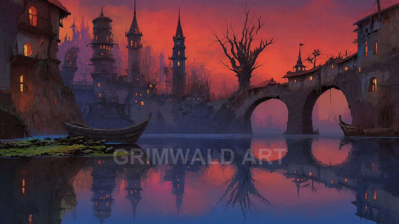 Fantasy riverside city with tall spires, arched stone bridge and boats, glowing windows mirrored in calm water beneath a vivid orange-purple sunset sky.