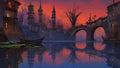 GRID THUMBNAIL — Fantasy riverside city with tall spires, arched stone bridge and boats, glowing windows mirrored in calm water beneath a vivid orange-purple sunset sky.