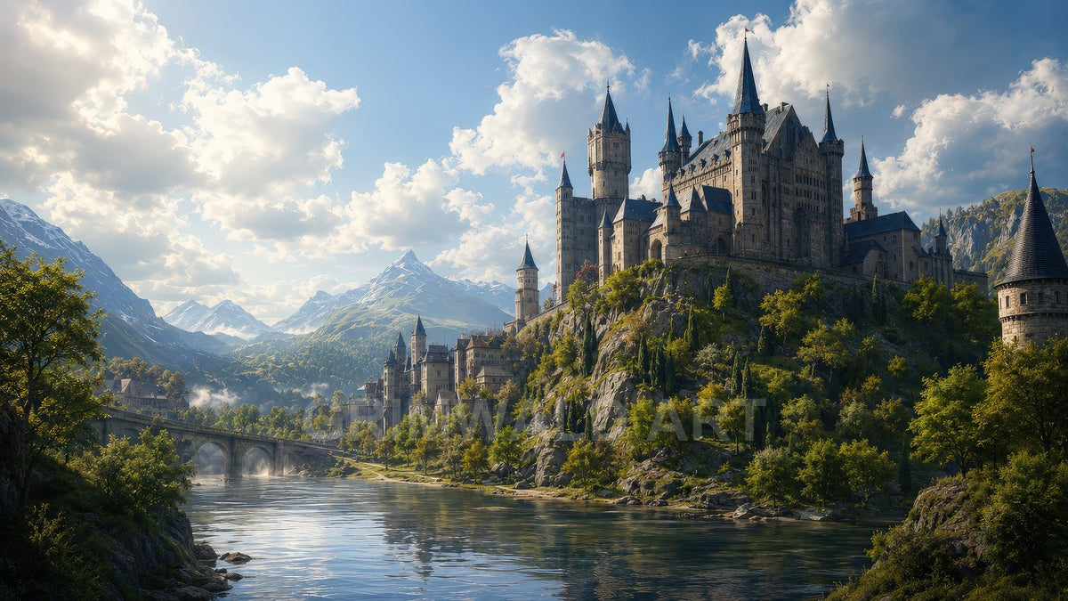 Grand stone castle on a rocky hill above a reflective river, with an arched bridge, forests, and snow-capped mountains under bright daytime clouds.