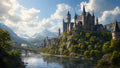 GRID THUMBNAIL — Grand stone castle on a rocky hill above a reflective river, with an arched bridge, forests, and snow-capped mountains under bright daytime clouds.