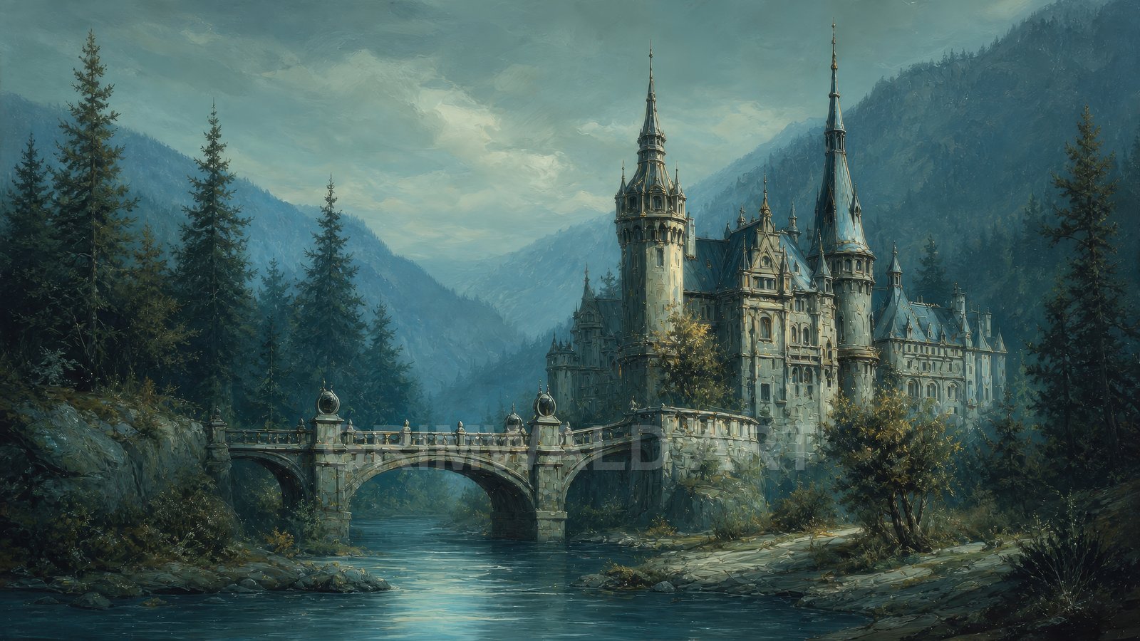 Grand turreted castle with arched stone bridge spanning a calm river, nestled among tall pines and misty mountains beneath overcast skies.