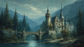 GRID THUMBNAIL — Grand turreted castle with arched stone bridge spanning a calm river, nestled among tall pines and misty mountains beneath overcast skies.