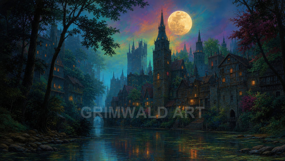 Moonlit medieval city with gothic towers beside a calm river, warm lit windows, arched stone bridge, and a large full moon in colourful night sky.