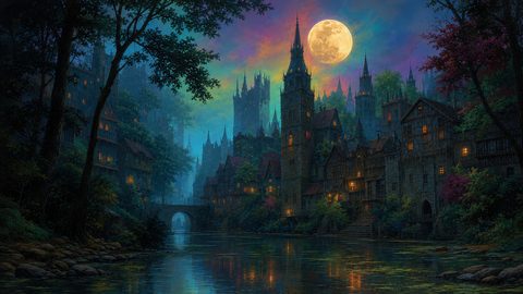 GRID THUMBNAIL — Moonlit medieval city with gothic towers beside a calm river, warm lit windows, arched stone bridge, and a large full moon in colourful night sky.