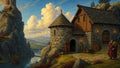 GRID THUMBNAIL — Stone watchtower and timber cottage overlook a tranquil river valley at golden hour, with distant mountains, sailing boat, and dramatic clouds.