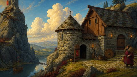GRID THUMBNAIL — Stone watchtower and timber cottage overlook a tranquil river valley at golden hour, with distant mountains, sailing boat, and dramatic clouds.
