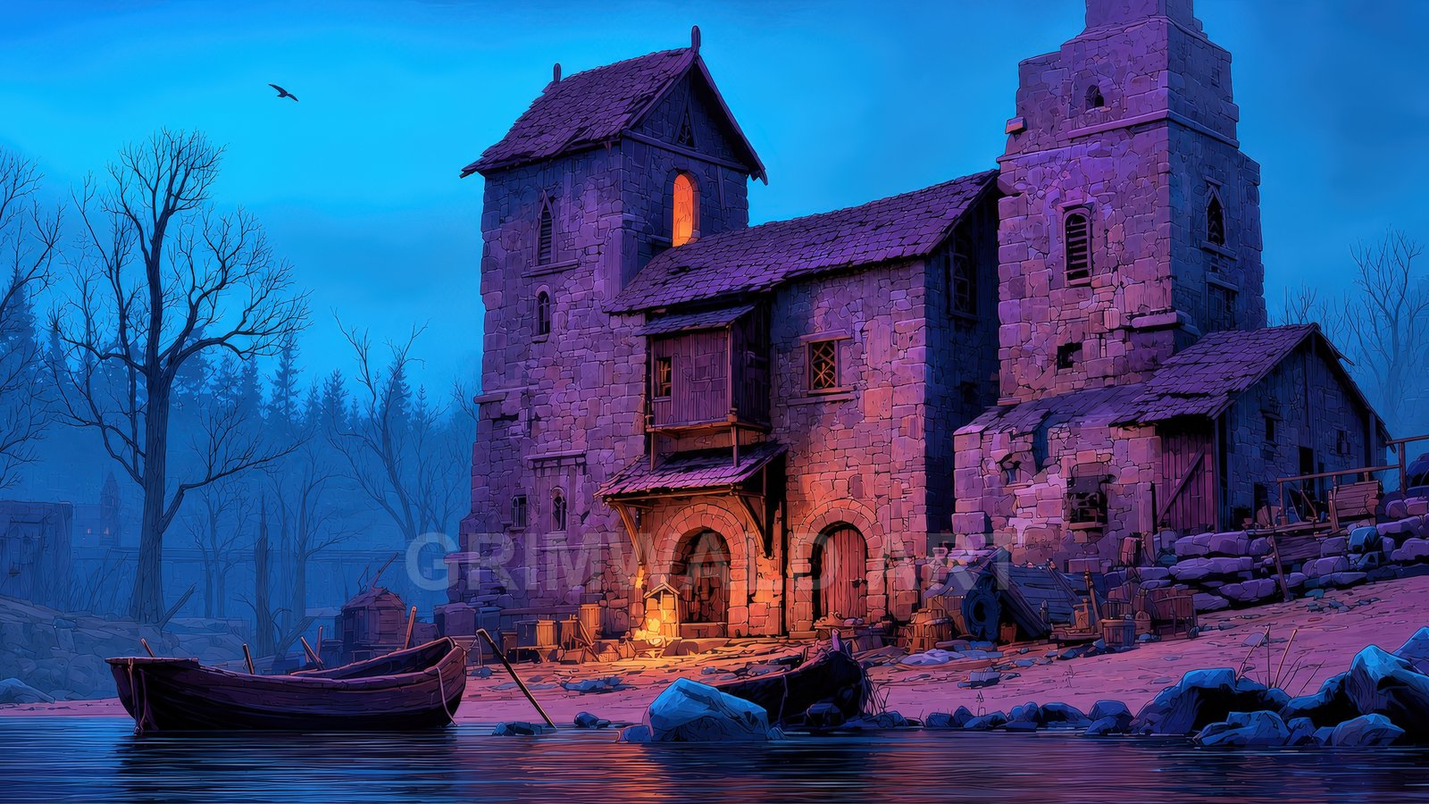 Medieval stone watchtower on a riverbank with warm lantern light, moored wooden boats, leafless trees, and misty forest under deep blue twilight.