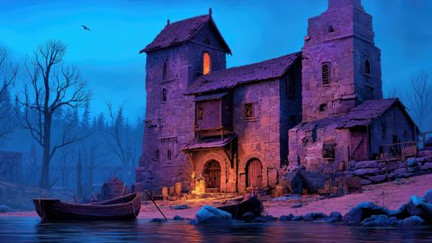 GRID THUMBNAIL — Medieval stone watchtower on a riverbank with warm lantern light, moored wooden boats, leafless trees, and misty forest under deep blue twilight.
