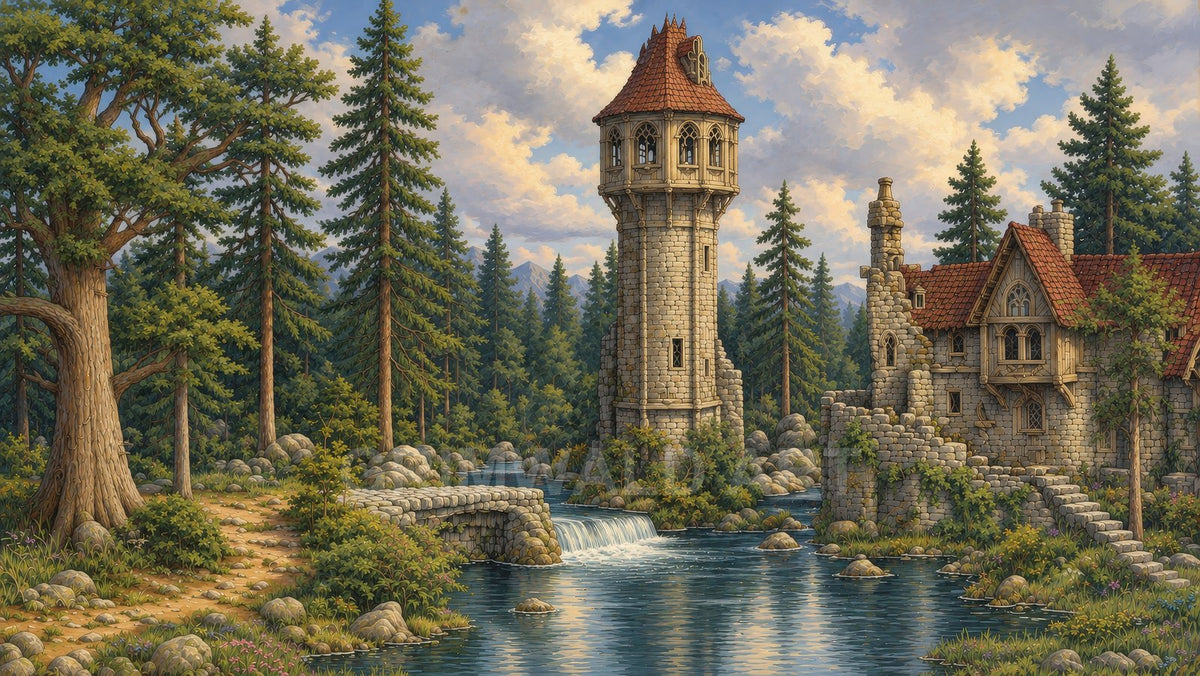 Stone watchtower and rustic castle beside a tranquil river and small waterfall, with arched bridge and tall pines under a bright daytime sky.
