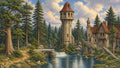 GRID THUMBNAIL — Stone watchtower and rustic castle beside a tranquil river and small waterfall, with arched bridge and tall pines under a bright daytime sky.