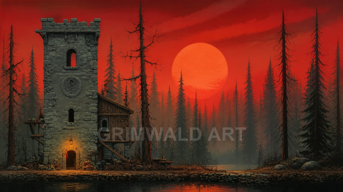 A stone watchtower by a river in a dark pine forest, lantern glowing at the door, beneath a vast red moon at twilight.
