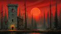 GRID THUMBNAIL — A stone watchtower by a river in a dark pine forest, lantern glowing at the door, beneath a vast red moon at twilight.