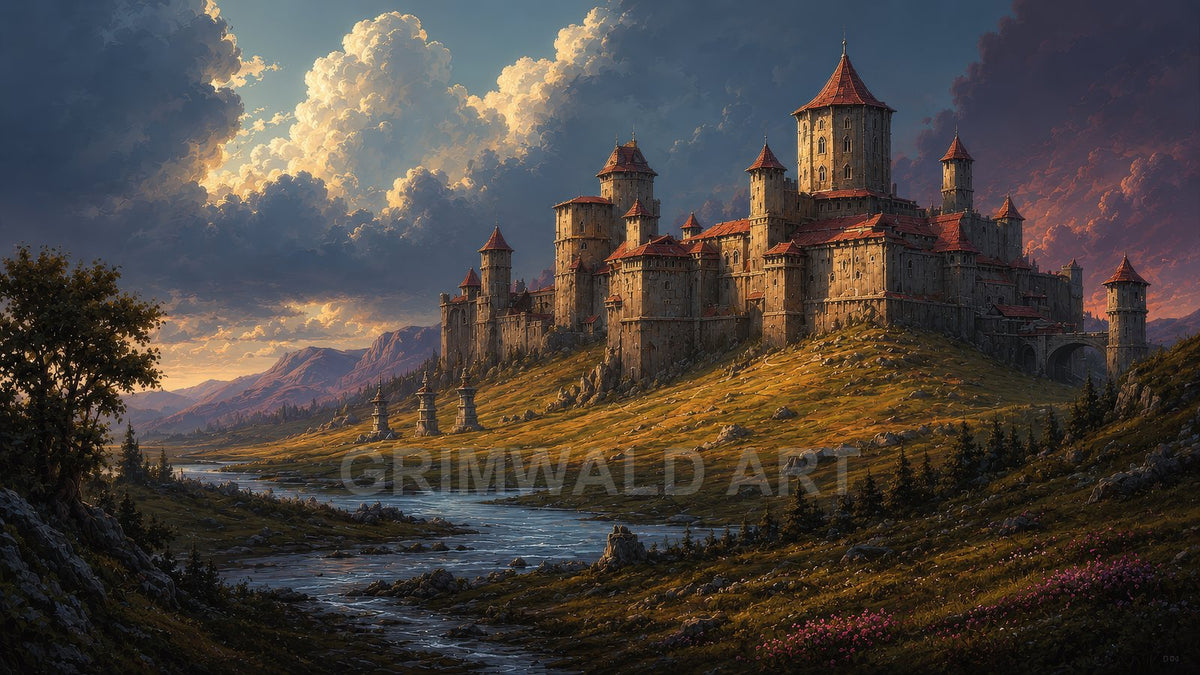 Grand medieval-style castle crowns a golden hillside by a winding river, beneath towering dramatic clouds and distant mountains, with pines and wildflowers.