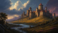 GRID THUMBNAIL — Grand medieval-style castle crowns a golden hillside by a winding river, beneath towering dramatic clouds and distant mountains, with pines and wildflowers.