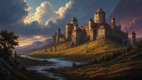 GRID THUMBNAIL — Grand medieval-style castle crowns a golden hillside by a winding river, beneath towering dramatic clouds and distant mountains, with pines and wildflowers.