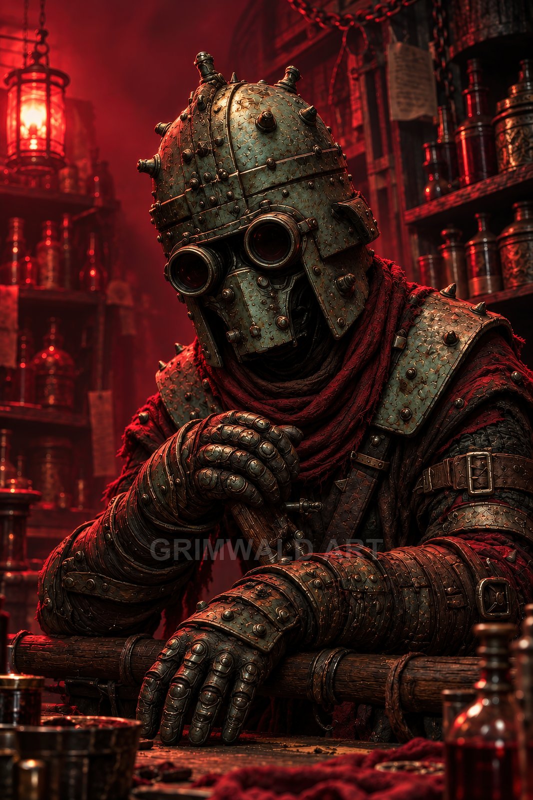 Riveted, goggle-helmed alchemist in heavy armour leans on a wooden staff amid red firelit shelves of bottles and vessels.