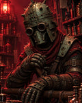 GRID THUMBNAIL — Riveted, goggle-helmed alchemist in heavy armour leans on a wooden staff amid red firelit shelves of bottles and vessels.