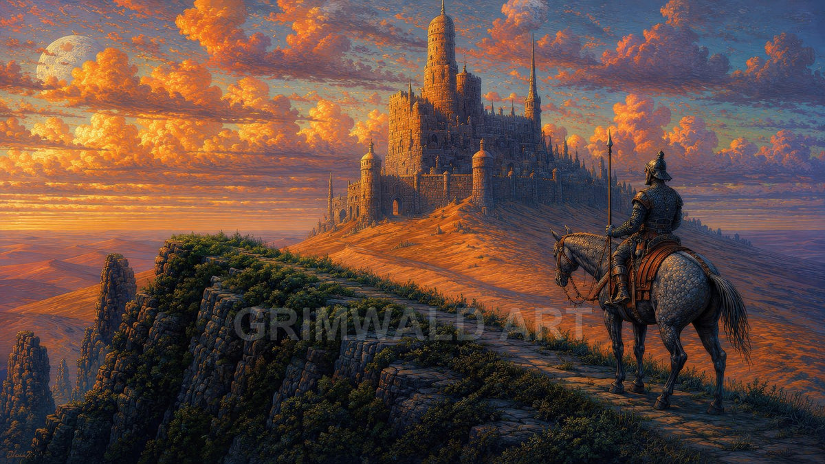 An armoured rider on horseback gazes towards a vast hilltop castle under golden sunset clouds, with rocky cliffs and a pale moon on the horizon.