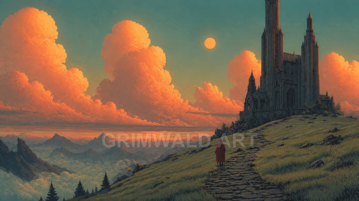 A towering gothic castle on a grassy hill beneath glowing orange sunset clouds, a lone red-cloaked traveller walking a winding stone path.