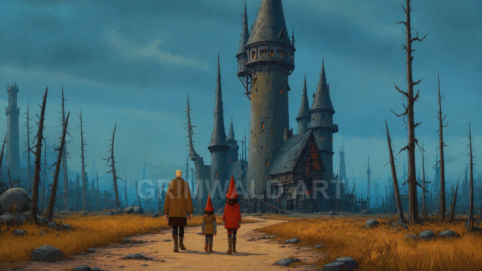 Three travellers walk along a dirt path toward a tall crooked castle with glowing windows, amid dead trees beneath a moody twilight sky.