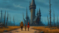 GRID THUMBNAIL — Three travellers walk along a dirt path toward a tall crooked castle with glowing windows, amid dead trees beneath a moody twilight sky.