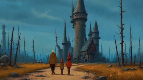 GRID THUMBNAIL — Three travellers walk along a dirt path toward a tall crooked castle with glowing windows, amid dead trees beneath a moody twilight sky.