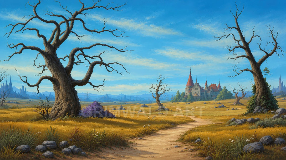 Golden meadow with winding dirt path between gnarled leafless trees, leading towards a distant red-roofed castle under a bright blue sky.