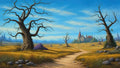 GRID THUMBNAIL — Golden meadow with winding dirt path between gnarled leafless trees, leading towards a distant red-roofed castle under a bright blue sky.