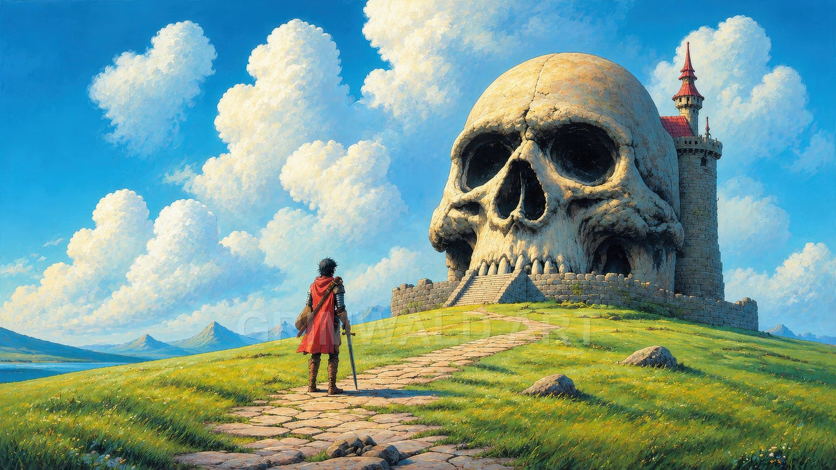 A lone cloaked traveller approaches a gigantic skull-shaped fortress beside a tower, following a winding stone path under blue skies and billowing clouds.