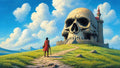 GRID THUMBNAIL — A lone cloaked traveller approaches a gigantic skull-shaped fortress beside a tower, following a winding stone path under blue skies and billowing clouds.