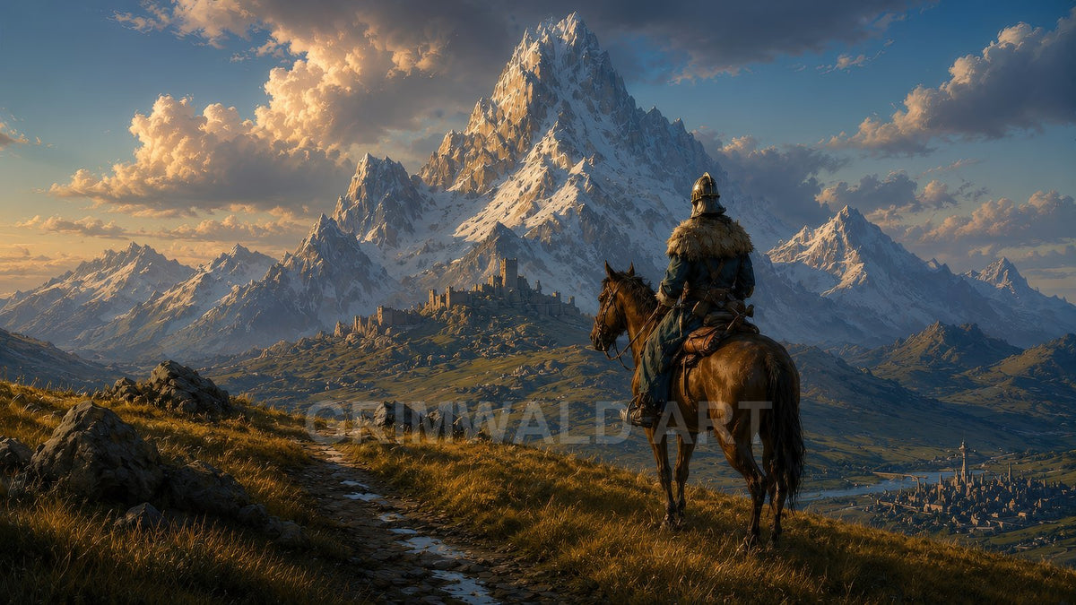 Armoured rider on horseback overlooks a vast valley of castles and rivers beneath a towering snow-capped mountain at golden hour skies.